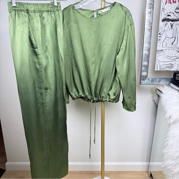 ZARA Olive Green Satin 2-Piece Set/Oversized Top XS/Pants L NWOT - Picture 7 of 11